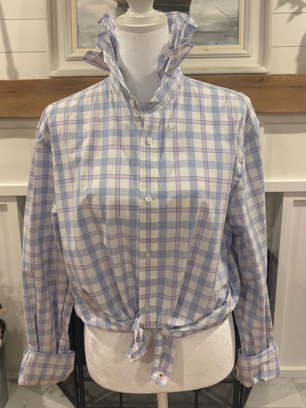 Custom-made up, cycled ruffle collar shirt
Blue and purple check
